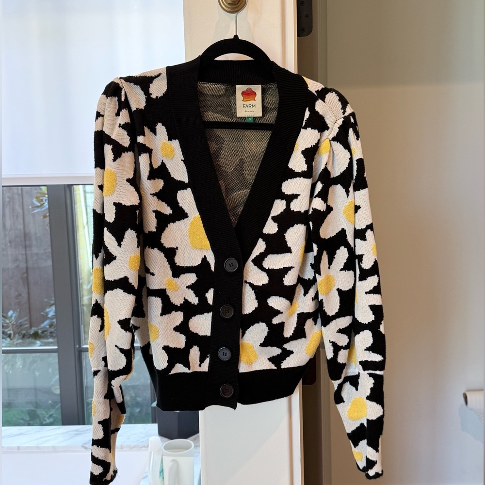 FARM Rio Black and White Floral Cardigan